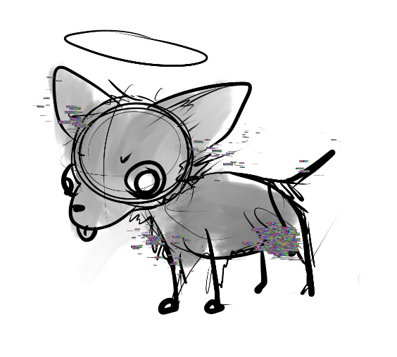 A small black chihuahua with a halo and glitch static.